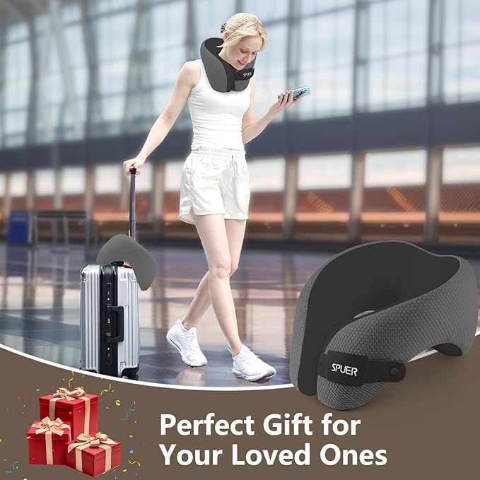 2in1 Ergonomic Memory Foam Travel Neck Pillow – Travel Pillow for All Sleep Positions on Flights, Road Trips, and Long Distance Travel with Drawstring Bag (Adjustable - Dark Gray & Black)