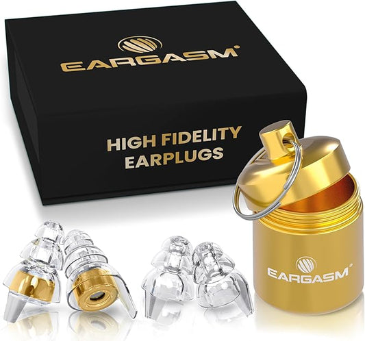 Eargasm High Fidelity Earplugs with Gold Filters - Reusable Noise Reduction Hearing Protection Ear-Plugs with Carrying Case for Bartenders, Concerts, Festivals, Raves, Musicians, Live Music, Sports