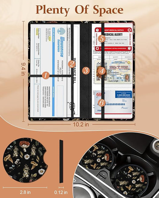 Slohif Car Registration and Insurance Card Holder with Magnetic Shut - Vehicle Glove Box Organizer Women Leather Automobile License Holders Coasters Auto Accessories Case for Document,Mushroom