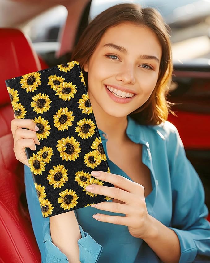 Slohif Car Registration and Insurance Card Holder with Magnetic Shut - Vehicle Glove Box Organizer Women Leather Automobile License Holders Coasters Auto Accessories Case for Document,Sunflower
