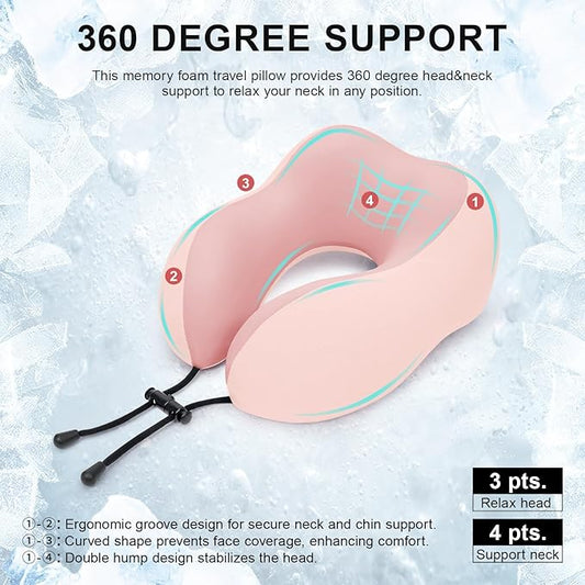 Travel Pillow for Airplane Memory Foam Neck Pillow, Soft & Support Travel Pillow for Travelling, Sleeping Rest, Car, Train and Home Use (Pink)