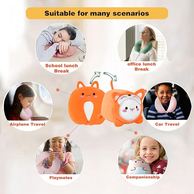 Kids Travel Pillow - 2-in-1 Deformable Kids Neck Pillow for Traveling, Soft U-Shaped Pillow with Adorable Animal Design, Comfy Sleep and Play, Ideal for Airplanes and Traveling (QQ Orange Fox)
