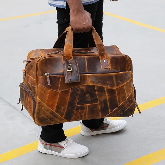 Leather Duffle Bags for Men - Handmade Full Grain Leather Weekender Bag with 2 Shoe Compartment, Underseat Carry On Travel Luggage