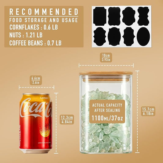 D2scrma 37oz Airtight Glass Square Storage Canister with Bamboo Lid Set of 4 (1100ml) Container Stackable Jar, Kitchen Canister for Pantry Noodles, Flour and Coffee beans (with Black Lable)