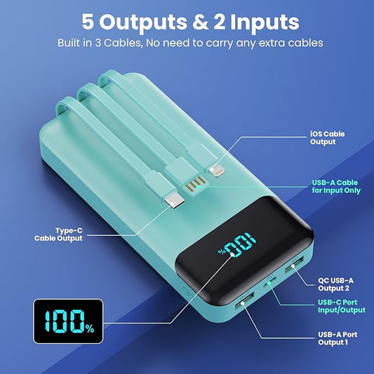 Portable Charger 40800mAh Power Bank with 3 Built-in Cables,PD 25W USB C in&Out Power Bank Fast Phone Charging,QC4.0 5 Output LED Display Battery Pack Compatible with iPhone 17/16,Galaxy,Android-Green