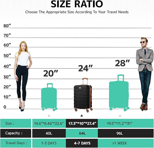 AnyZip Luggage PC ABS Hardside Lightweight Suitcase with 4 Universal Wheels TSA Lock Checked-Medium 24 Inch Black Brown