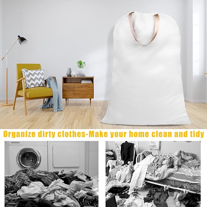 Cotton Canvas Laundry Bag with Handles & Drawstring Straps, Heavy Duty Extra Large Laundry Bags for Laundromat and Household, 25.5x34 Inch, White