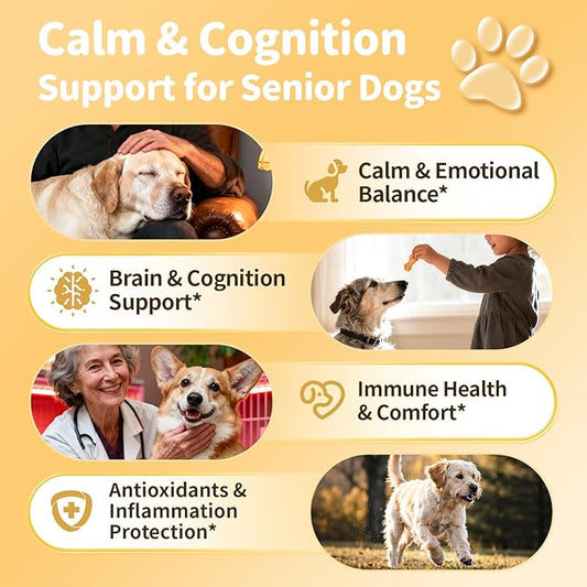Advanced Calming Chews for Dogs-Brain & Composure Support with 7 Mushrooms, Ashwagandha, Omega-3 DHA & EPA, Anxiety Relief Dog Calming Treat, ll Breeds & Sizes Puppy, Salmon Flavor, 135Ct
