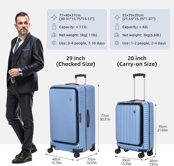 29 Inch Aluminum Checked Luggage with Side Opening Zipper, 40 * 37 * 77cm, 113L, Lightweight Hardshell ABS+PC Suitcase with TSA Lock, 360° Universal Wheels, Dark Blue