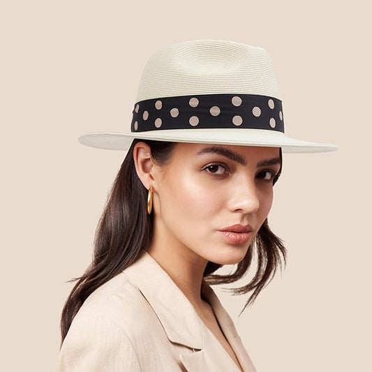 Pineapple&Star Sun Straw Fedora Beach Hat Fine Braid UPF50+ for Women