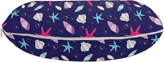 Ambesonne Navy and Blush Travel Pillow Neck Rest, Nautical Marine Pattern with Shells Starfishes and Bubbles Aquatic Wildlife, Memory Foam Traveling Accessory for Airplane and Car, 12", Purple Pink