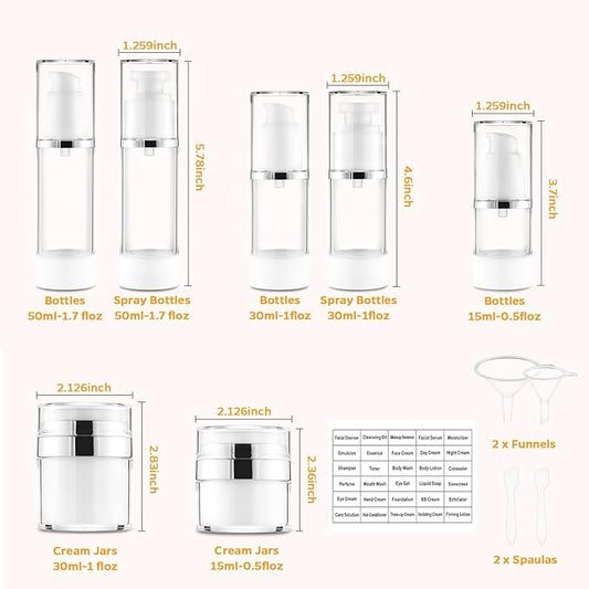 13 Pack Travel Size Containers, 1.7/1/0.5oz Clear Airless Pump Bottles, Makeup Containers, TSA Approved Skincare Empty Travel Bottles Leak Proof Refillable Jars for Toiletries, Lotion, Liquid, Cream