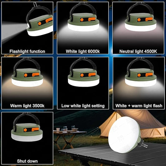 Outdoor Camping lamp Rechargeable lamp, Portable Lighting lamp. Equipped with 6 Brightness Settings, Tent lamp with Hook, Suitable for Power outages, Hiking, and Emergencies. (Army Green)