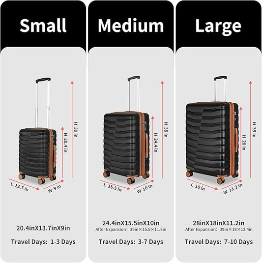 Lightweight Luggage with Spinner Wheels & YKK Zipper, 3-Piece Suitcase ABS+PC Hardside Hard Shell Luggage Set with TSA Lock, Black & Brown (20+24+28 inch)