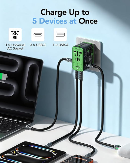 Mfish Universal Travel Adapter, 75w 5-Port International Plug Adapter, 1 USB-A, and 3 USB-C, Worldwide Wall Charger for EU/UK/AUS/CN Compatible with Over 200 Countries, Black