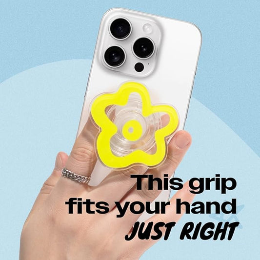 OnTheGrip Cute Transparent Daisy Flower Shape Design Mobile Phone Grip Multi Functional Collapsible Stand Holder for Smartphone Tablet Cell Phone Accessory (Yellow)
