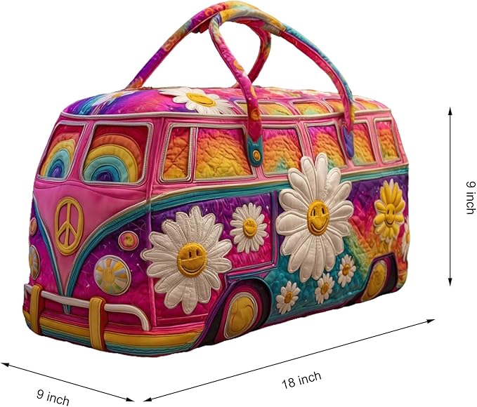 Hippie Journey Quilted Duffel Bag Hippie Van Travel Duffel Bag Vintage Floral Weekender Overnight Bags Women Gym Bags