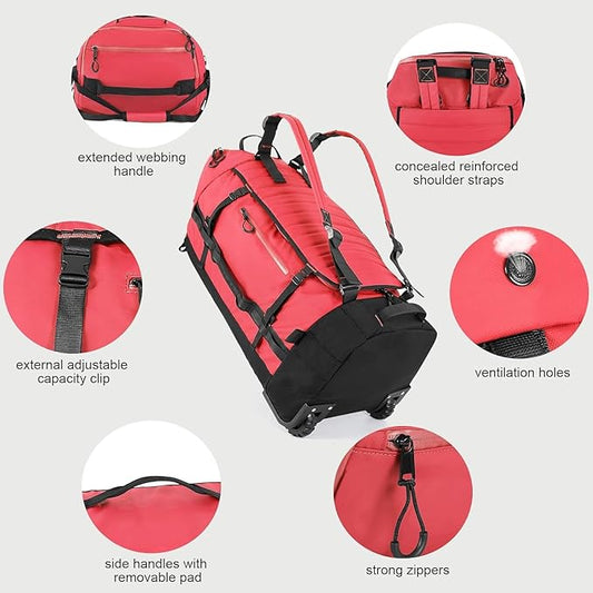 Rolling Duffle Bag with Wheels,86L 30”Carry on Luggage with Wheels,Folding Travel Bag,Duffle Backpack with Separate Shoe Compartment (red)