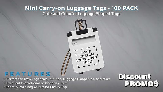 100 Mini Carry-on Luggage Tags Pack - Customizable Text, Logo - Flip Open Cover, ID Sticker - White