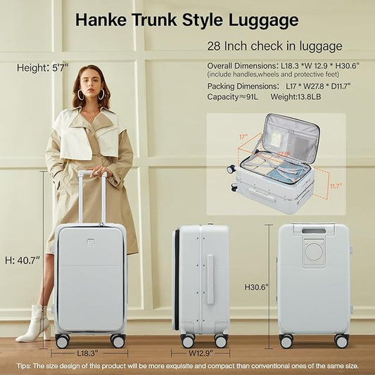 Hanke 28 Inch Luggage with Cup Holder and Charge,Top Opening Hard Shell Suitcases with Wheels and Dividers,Aluminum Frame Trunk Luggage Extra Large Suitcase with Lock for Travel,Smoke White