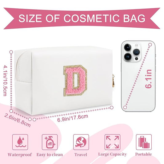 Personalized Makeup Bag Initial A-Z Preppy Patch Bag,Small PU Leather Travel Cosmetic Bag Pouch with Zipper,White Cute Toiletry Bag,Gift Ideal for Teen Girls Women Birthday Friend Mom,Letter D