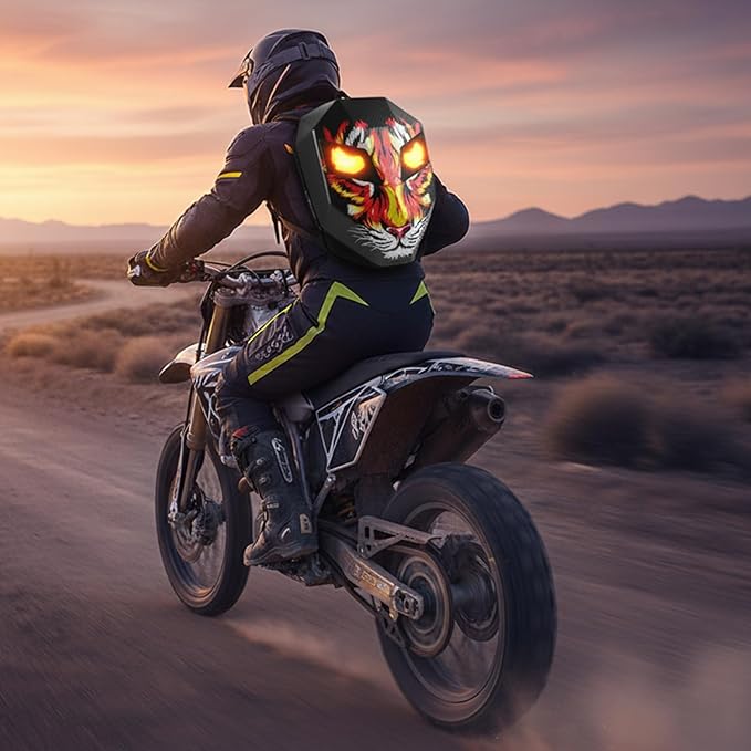 Motorcycle Backpack with LED Eyes, DIY Laptop Backpack for Riding, Cycling, Travel, Waterproof Hard Case Motorbike Bag, Large Size 19" Tiger