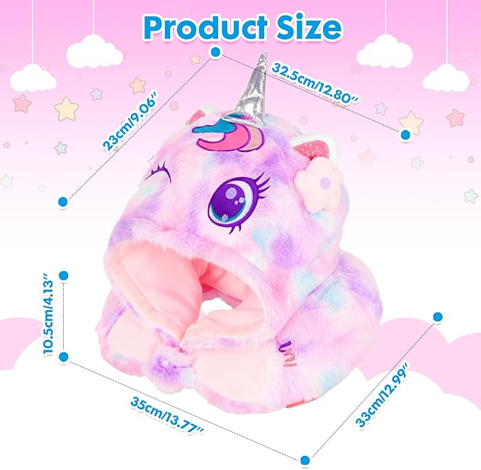 Travel Neck Pillow with Hood for Kids Adult Cute Soft Plush Memory Foam Airplane Neck Pillow for Traveling Animal Flight Pillow Head Rest Neck Support for Cars Long Flights