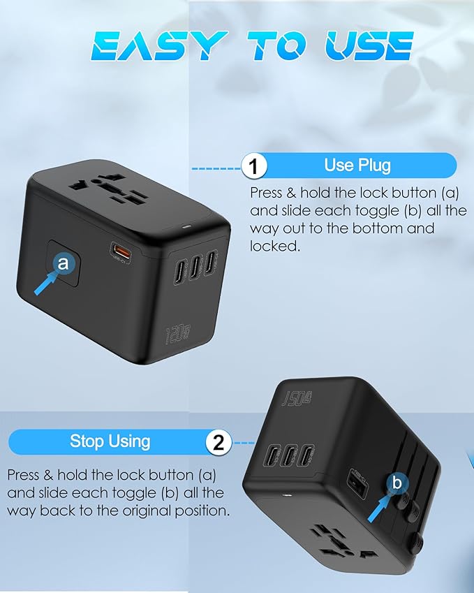 Universal Travel Adapter, 120W GaN International Power Plug Adapter, 5 USB Ports & 2500W AC Outlet, All-in-One Travel Charger for 200+Countries, Fast Charging All USB & Dual Voltage Devices