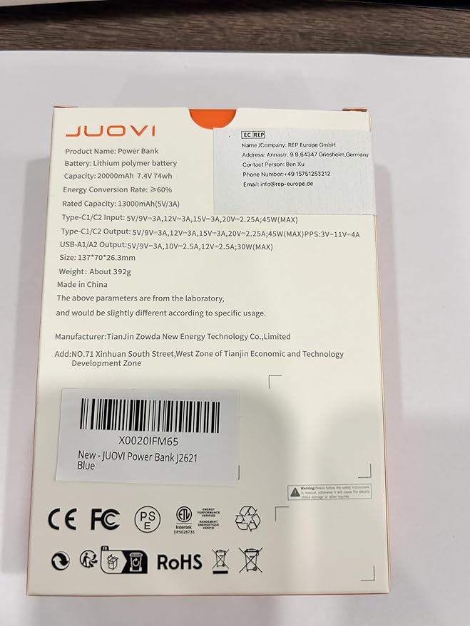 J2621 Power Bank Portable Charger,20000mAh 45W PD3.0 QC 4.0 Fast Charging Battery Pack with LED Display,2 USB-C,2 USB-A for iPhone Tablet MacBook