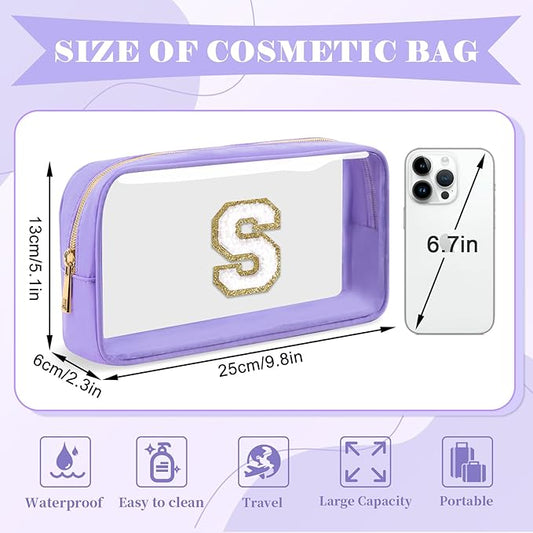 Personalized Initial Letter Clear Preppy Makeup Bag, Purple Chenille Letter Nylon Cosmetic Zipper Pouch, TSA Approved Travel Toiletry Bag, Monogram Makeup Case Gift for Women