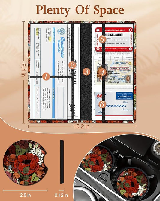 Slohif Car Registration and Insurance Holder - Flower Vehicle Glove Box Organizer Women with Magnetic Shut Leather Automobile License Holders Coasters Auto Accessories Case for Document