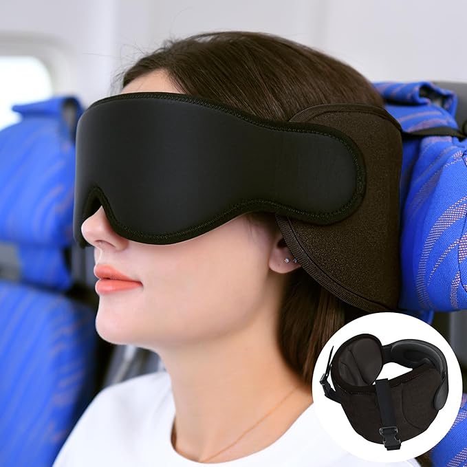 Travel Pillows for Airplanes, Airplane Pillow with Eye Mask for Long Flight, Airplane Head Strap for Sleeping, Travel Neck Pillow for Car, Road Trip Car Headrest, Stop Bobblehead, Dark Brown