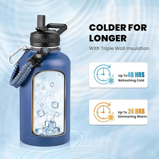 Insulated Water Bottle 64 oz, Triple Wall Vacuum Stainless Steel (Cold for 48 Hrs), Leak Proof & Non-BPA, Half Gallon Water Flask Jug with Paracord Handle & Straw Spout Lids, Navy Blue