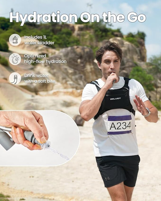 Chest Pack with 1L Water Bladder, USA Original Patent, Lightweight Adjustable Running Vest for Men Women, Reflective Running Hydration Vest for Hiking, Cycling