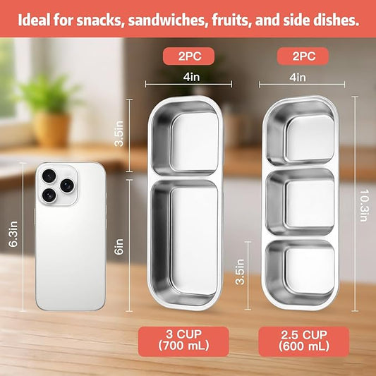 Lewrwet 4 Pack Stainless Steel Snack Containers with Lids, Leak-Resistant Lunch Boxes Set with Cutlery – 2 x 2-Compartment & 2 x 3-Compartment, Reusable for Snacks, Lunch, Picnic & Hiking