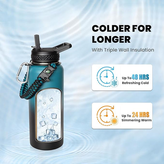 Insulated Water Bottle 32 oz, Triple Wall Vacuum Stainless Steel (Cold for 48 Hrs, Hot for 24Hrs), Leak Proof & Non-BPA, 32oz Hydro Water Flask with Paracord Handle & Straw Spout Lids