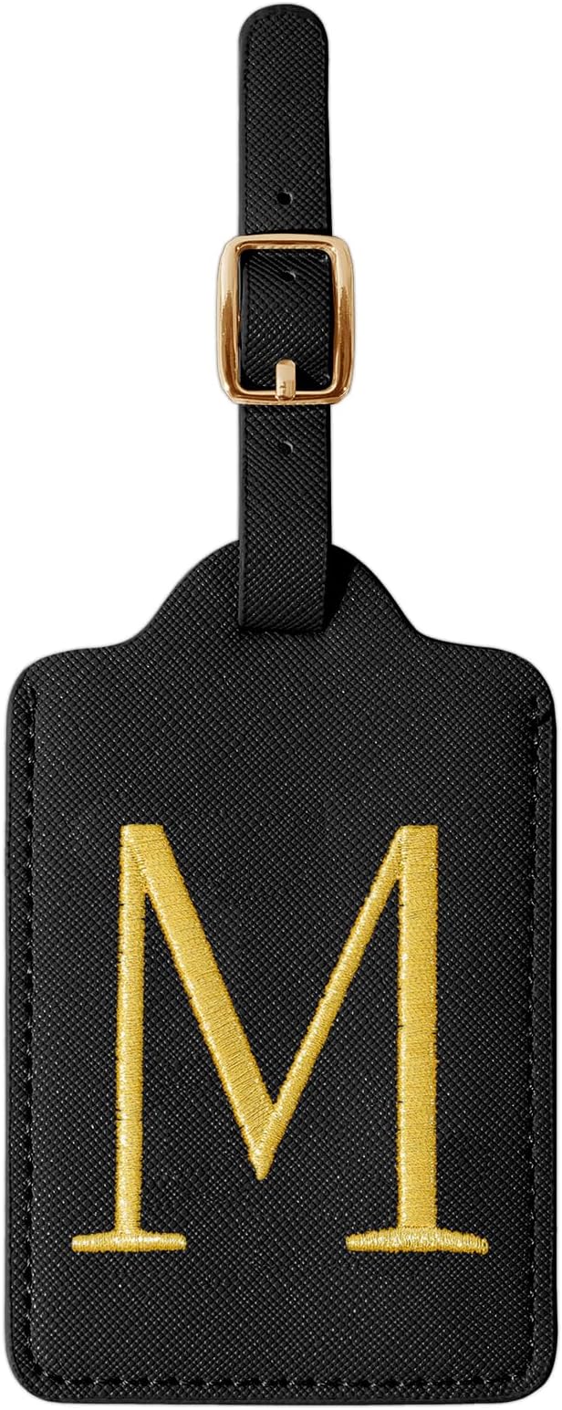 Personalized Initial Luggage Tags for Suitcase TSA Approved, Black Leather Cute Luggage Tag with Privacy Cover Name Card, Embroidered Custom Luggage Tags Travel Backpack Tags Gifts for Women Kids(M)