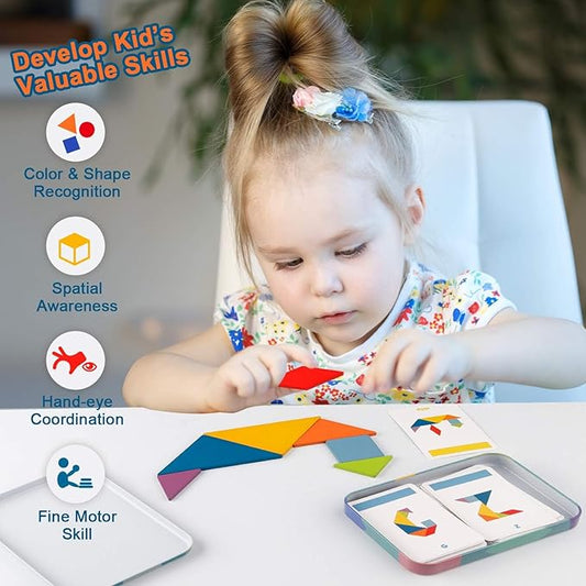 Vanmor Wooden Tangrams Sets Pattern Blocks, Shape Card Brain Teaser Puzzles Educational Toy, Travel Games for Kids Ages 4-8 Road Trip Essentials