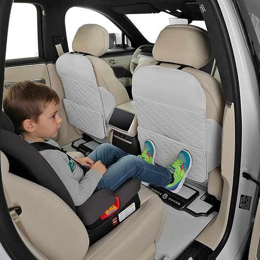 Seat Back Protector + Large Capacity Pocket Storage Organizer,Preventing the Impact of Children Stepping on the Seat Backrest (Cream White)