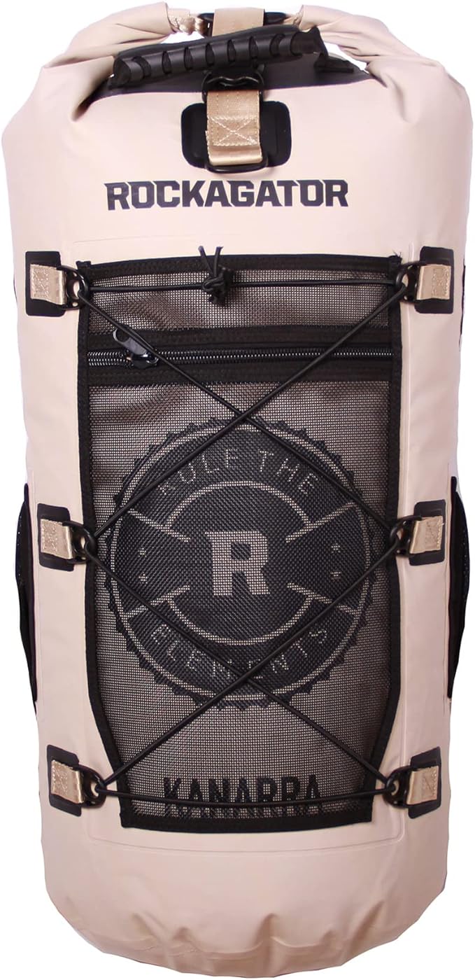 Rockagator Kanarra 90L Waterproof Backpack for Camping, Hiking, Mountaineering, Backpacking, Hunting, Fishing, Canoeing, Outdoor Activities, The Wet Outdoors - Large Capacity, Roll Top Closure, Tan