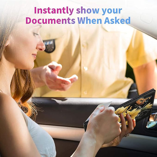 Car Registration and Insurance Holder,Leather Insurance License and Registration Card Holder for Car Glove Box, Auto Truck Document Holder Organizer for Men Women-Sunflowers Daffodils Butterflies