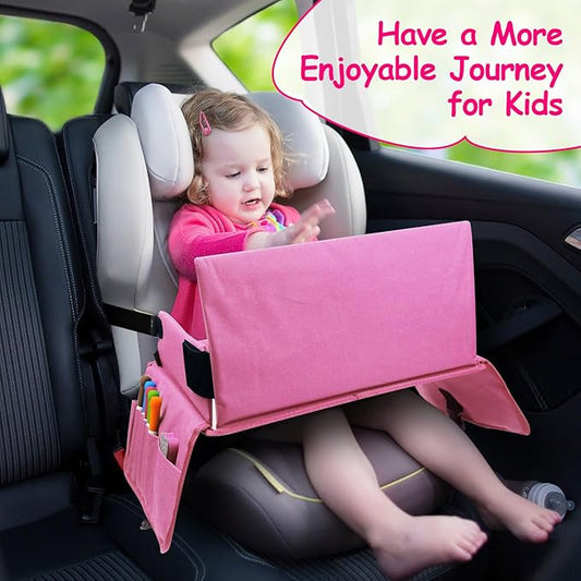 Julaiwy Car Seat Tray for Kids Travel, Carseat Tray for Toddler Road Trip Activities, Car Trays for Kids Road Trip Essentials, Travel Trays for Airplane, Toddler Car Seat Lap Table - Pink