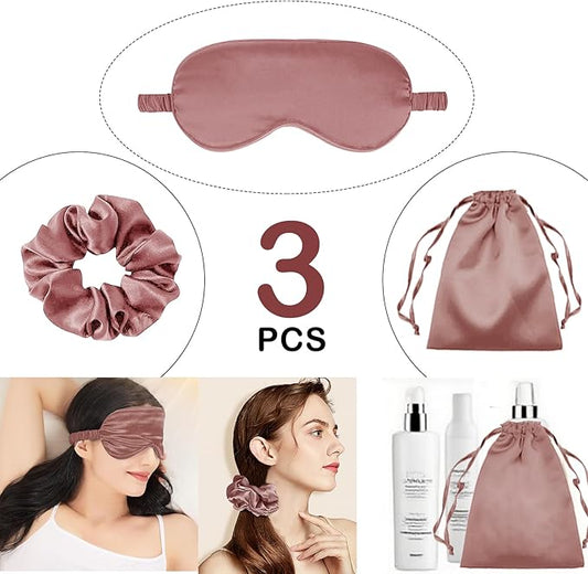 3Pcs Satin Eye Mask Silk Sleep Masks Set Silky Blindfold Eyeshade Blackout Eyes Cover Pouches Bag Scrunchy Wedding Gift