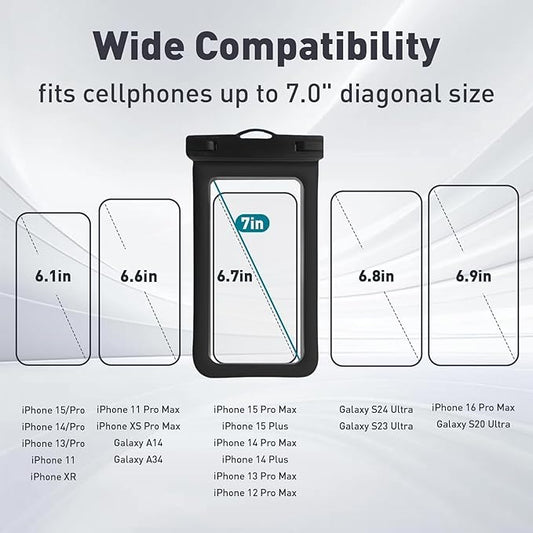 Floatable Waterproof Phone Pouch Case 2 pax for iPhone 17 16 Pro Max/15/14/13/12, IP68 Travel Cellphone Dry Bag Beach Cruise Ship Essentials Bags with Crossbody Lanyard,Black and White-7″