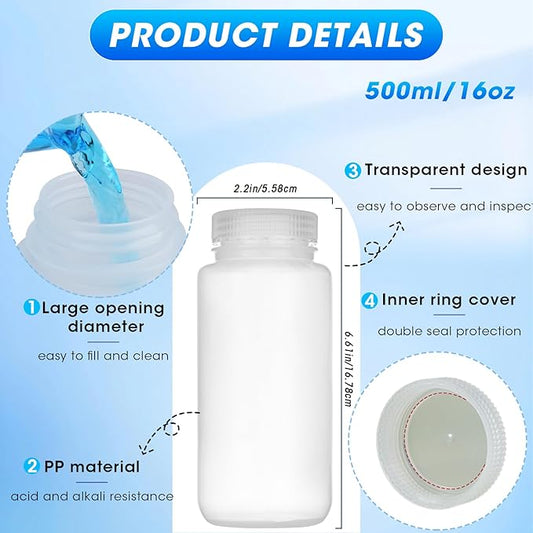 16oz/500ml Plastic Sample Bottles with caps, Wide Mouth Reagent Bottle with Lids Leak Proof Containers Water Sample Bottles for Laboratories, Travel(5Pcs)