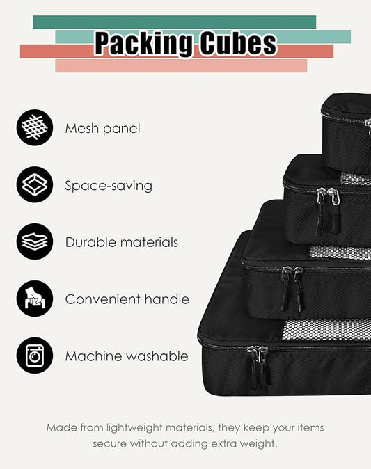 4-Piece Packing Cubes Travel Accessories Set for Suitcases - Luggage Organizer Bags with Double Zipper - Mesh Top - Small/Medium/Large/Slim - Black
