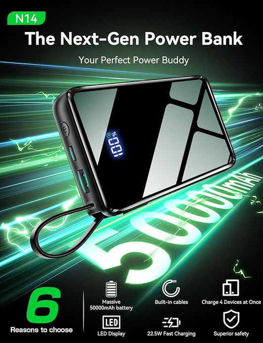 Portable Charger Power Bank 50000mAh, 22.5W Fast Charging Portable Charger with Built-in Cables, Travel Camping 4 Outputs External Battery Pack, LED Display for iPhone, Android, iPad, Black