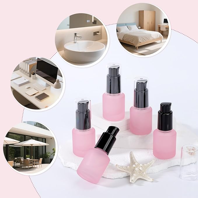 Segbeauty 0.5oz Frosted Glass Lotion Pump Bottles, 5pcs Refillable Empty Travel Size Bottles for Lotions, 15ml Pink Glass Small Travel Containers for Creams, Mini Hair Oil Bottle Pump Dispenser