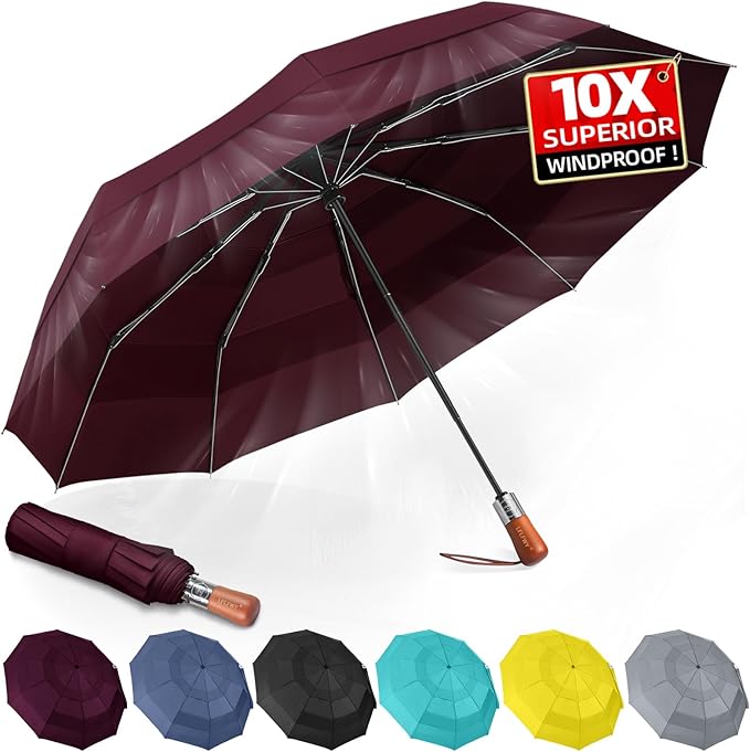 Umbrellas for Rain, 47" Large Windproof Travel Umbrella, Triple-Layer Vented Canopy, 10 Fiberglass Ribs, Auto Open Close Compact Umbrella, Wooden Handle, Heavy Duty for Commute, Gifts for Men & Women