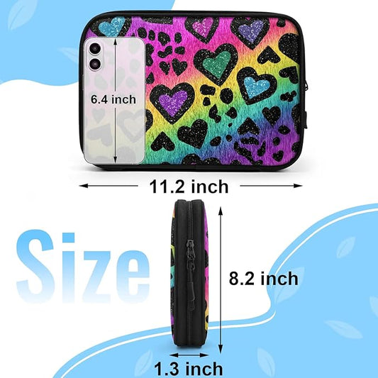Rainbow Heart Travel Cable Organizer Pouch Colorful Leopard Print Electronics Accessories Carry Case Portable Water Resistant Storage Bag for Cord Charger Phone Earphone SD Card